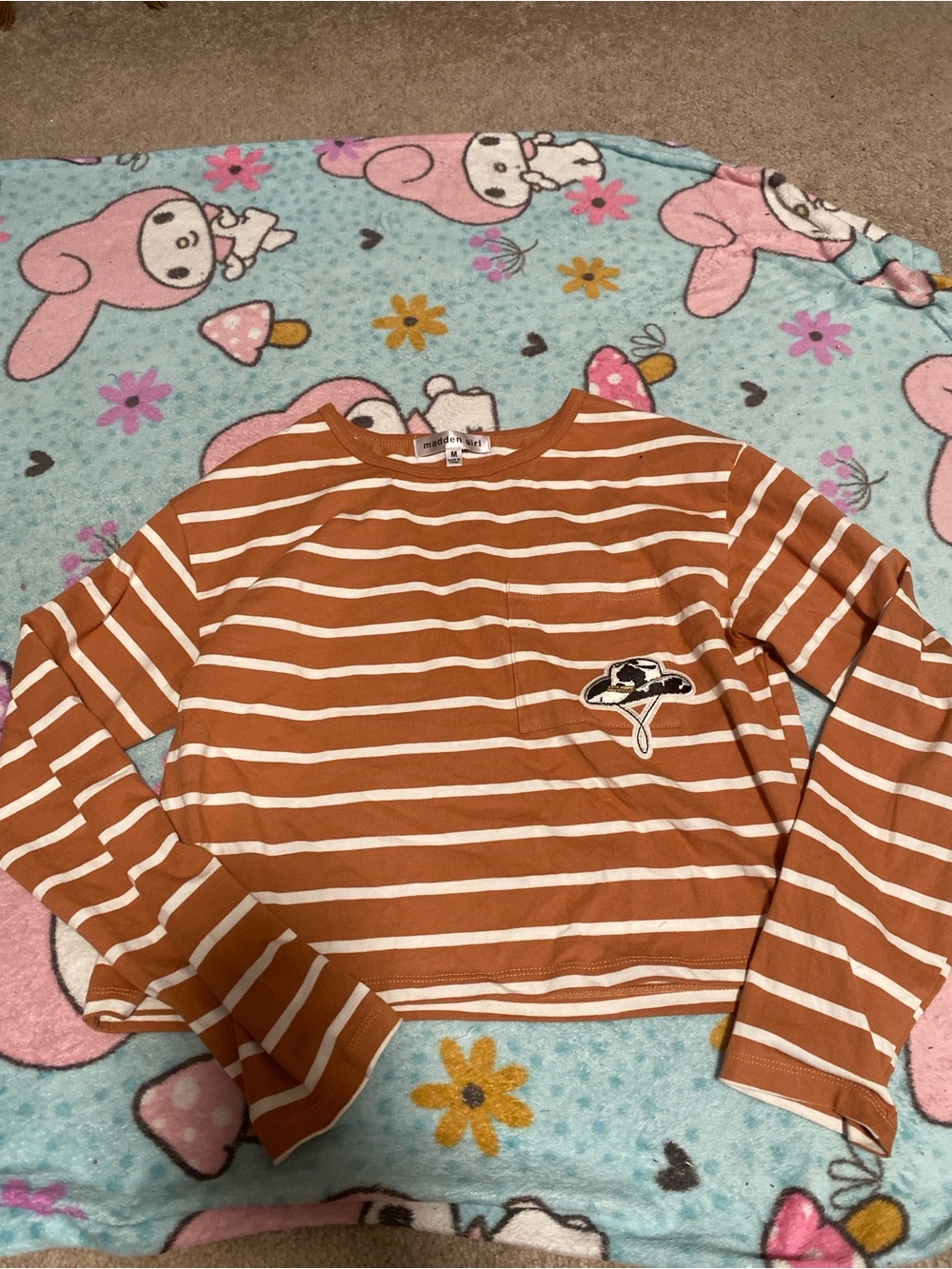 Orange and White Striped Long-Sleeve Top with Cowboy Patch